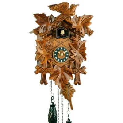 Imagen de Eble Reloj de cuco madera con mecanismo cuarzo que funciona pilas y sonido musical Eble, diseño hojas 30 cm
