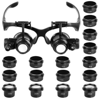 Imagen de QWORK® Lupa de Cabeza con 2 Luz LED y 8 Lentes Intercambiables Aumento 2,5X, 4X, 6X, 8X, 10X, 15X, 20X, 25X para Observación Precisa