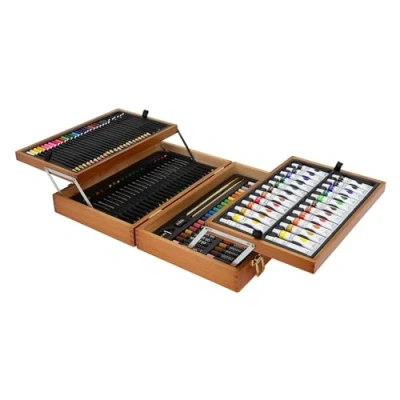 Imagen de ECD Germany Estuche de Pintura 127 Piezas Maletín Portátil Doble Madera para Dibujo Artistico Principiantes y Profesionales Caja Completa con Rotuladores, Lápices, Colores Pastel Acrílicos