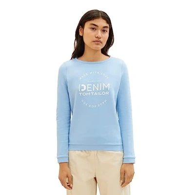 Imagen de Tom Tailor Denim 1039817 Sudadera con Logotipo Impreso y Mangas Romanas, Azul Encantador Suave 11139, L para Mujer