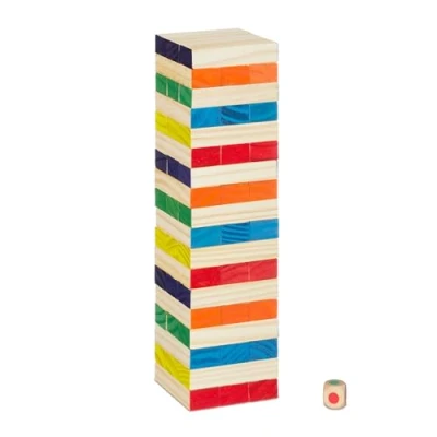 Imagen de Relaxdays Colorida Torre de Madera, 54 Bloques con Dado, 27x7,5x7,5 cm, para Todas Las Edades, Juego Habilidad, Multicolor