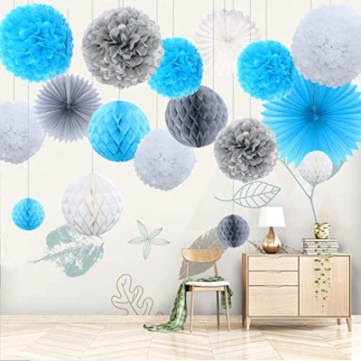 Imagen de Himeland 17 Pompones Azul Decoracion Bautizo Niño, Flores Pompom de Seda, Abanicos Papel, Farolillos, Bolas Nido Abeja Guirnaldas, Decoración Fiesta Bienvenida Bebe, Cumpleaños