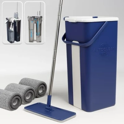 Imagen de Juego de Cubo y mopa fregona STARLYF Autoclean Mop + 3 Paños Microfibra, Doble Compartimento Seco/Mojado, Todo Tipo Suelos, Paño Microfibra Intercambiable, Compacto, Efectivo fácil Guardar