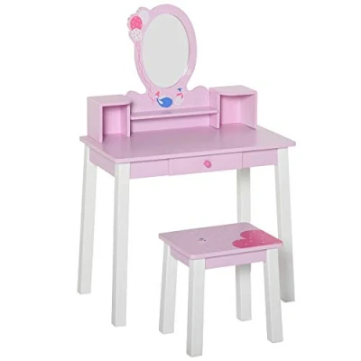 Imagen de HOMCOM Tocador Infantil con Taburete y Espejo Tipo Princesa Mesita de Maquillaje Madera Rosa Juguete para Niñas 60x34x93 cm