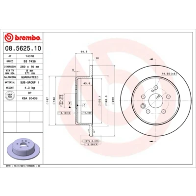 Imagen de BREMBO 08.5625.10 Disco de freno 269 10 5 macizo TOYOTA: Celica VI Coupé, IV Berlina, Hatchback