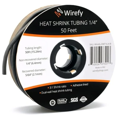 Imagen de Wirefy Tubo Termorretráctil 6,4 mm Termoretractil de Doble Pared 3:1 Revestimiento Adhesivo Térmico Negro Rollo 15 m