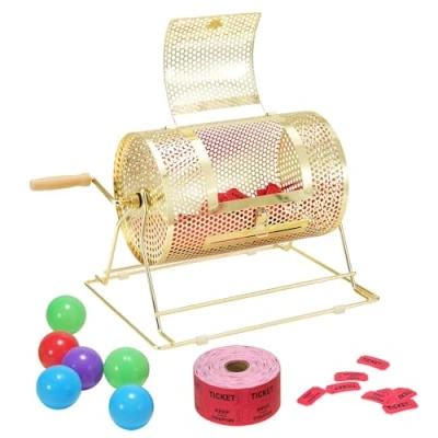 Imagen de VEVOR Tambor de Tómbola Lotería Capacidad 2500 Boletos o 100 Pelotas Ping Pong Jaula Juego Bingo Metal Chapado en Latón Mango Giratorio Madera 295 x 190 mm para Evento Votación