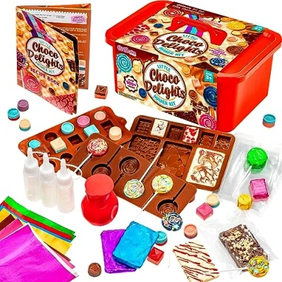 Imagen de GirlZone Kit para Hacer Pequeñas Delicias de Chocolate, Chocolate con Moldes Silicona Fabrica tus Bombones, Barras y Piruletas Little Choco Delights Maker