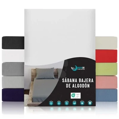 Imagen de Dreamzie Sabanas 200x200 Ajustable Algodon Oeko Tex Certificado Blanco Sábanas Bajeras 200 x 100% Jersey