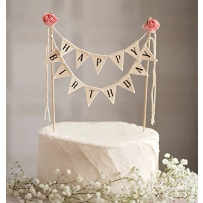 Imagen de DIVISTAR Happy Birthday Cake Bunting Topper Garland, Banderas de Banderines Hechos A Mano con Poste Madera Marfil Rosas Rosadas