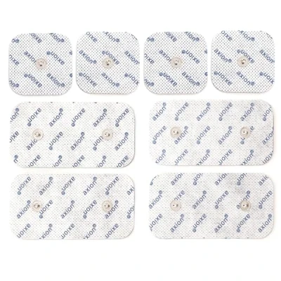 Imagen de 8 electrodos axion de 5x5 cm y 10x5 Compatibles con electroestimuladores COMPEX Parches Recambio para TENS EMS Reutilizables autoadhesivos Conector botón 3,75 mm