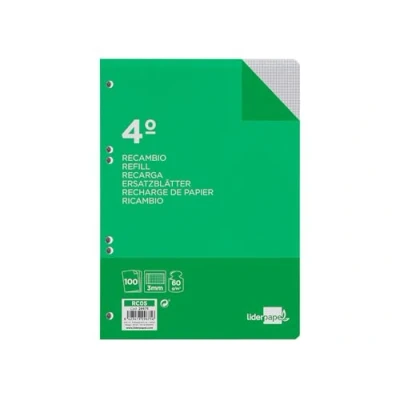 Imagen de RECAMBIO LIDERPAPEL CUARTO 100 HOJAS 60G/M2 CUADRO 3MM CON MARGEN 6 TALADROS
