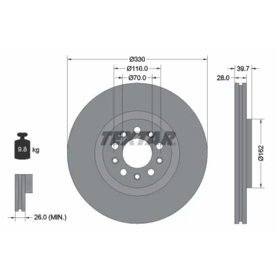 Imagen de TEXTAR PRO 92220903 Disco de freno 330 28 05/10 110 ventilación interna revestido sin perno sujeción rueda, buje rueda
