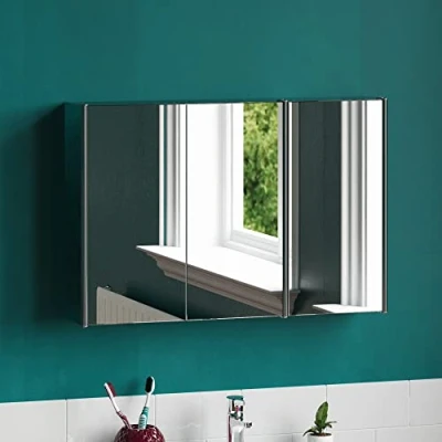 Imagen de Home Discount Bath Vida Tiano Armario de baño con Triple Espejo montado en la Pared Acero Inoxidable Moderno, Silver, H 45 x W 68 D 13 cm Approx