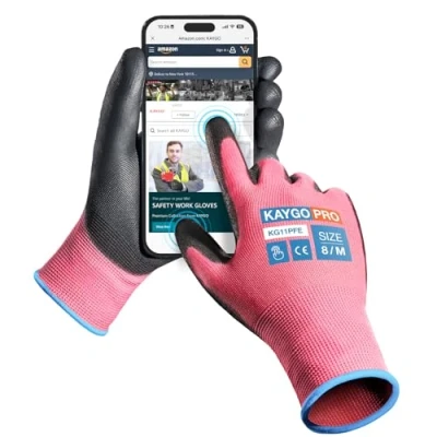 Imagen de KAYGO 12 pares de guantes trabajo para hombres y mujeres, protección recubiertos PU, agarre antideslizante en palmas dedos, trabajos generales (Rosa Touchscreen, talla 8)