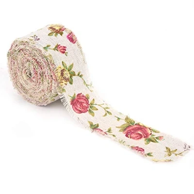 Imagen de cinta de arpillera, tela arpillera yute con flores rosas impresas DIY, correa cinturón decoración boda, 10 m