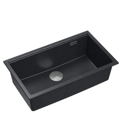 Imagen de QUADRON Fregadero de una cuba granito cocina tamaño 70 x 37 23,5 cm Color: Negro y acero LOGAN 110 encastrable Base armario a partir 80