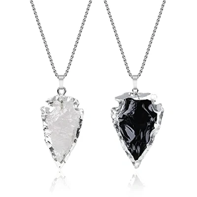 Imagen de COAI Collares Yin Yang para Pareja con Colgantes Punta de Flecha Cuarzo Blanco y Obsidiana en Bruto