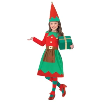 Imagen de Smiffys Disfraz infantil de ayudanta Papá Noel, Rojo y verde, con vestido gorro