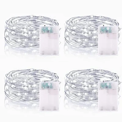 Imagen de Guirnalda Luces LED, 2M 20LEDs Pilas con Temporizador Mini Alambre de Cobre Cadena IP65 para Decoración Interior Exterior Bodas Fiesta Navidad (4 Piezas, Blanco Frío)