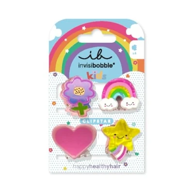 Imagen de invisibobble Clip Star Kids Happy World 4 pinzas para el pelo niños, diseño de arco iris, estrella, corazón y flores, antideslizantes cabello un sano, perfectos
