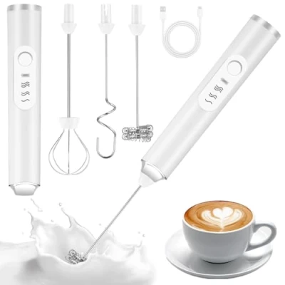 Imagen de TIDEVAN 3 en 1 Espumador de Leche Batidora Espuma USB Recargable con Varillas, Regulable Velocidades,Batidora Portátil para Huevos, Lattes,Capuchino (Blanco)