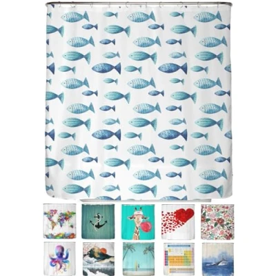 Imagen de arteneur® Cortina de ducha antimoho, 180 x 200 cm, con certificación Öko Tex Standard 100, dobladillo peso, opaca, impermeable, lavable, 12 anillas y libro electrónico, diseño pez azul