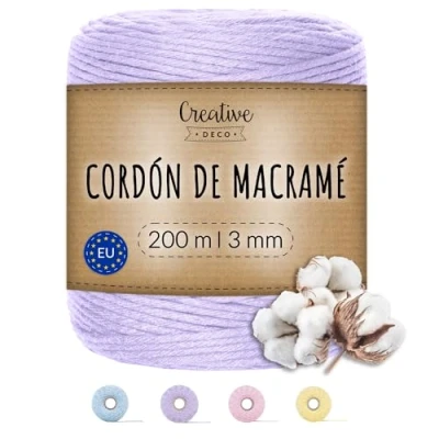 Imagen de Creative DECO 3mm x 200 m Cuerda Macramé Hilo Algodón Poliéster Morada Pastel Espesor + 0.5 mm Cordón Rollo Grande Natural Grueso Fuerte Decoración Manualidades Artesanía Bricolaje y Embalaje