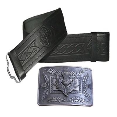 Imagen de Cinturón y hebilla de cuero para Kilt, muchos tamaños diseños elegir, Negro en relieve con cardo antigua., XX Large