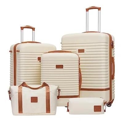 Imagen de COOLIFE Maleta trolley de viaje ABS rígida, 4 ruedas, cierre TSA El maletín contiene 1 bolsa y neceser, blanco/marrón, Koffer Set 5tlg,