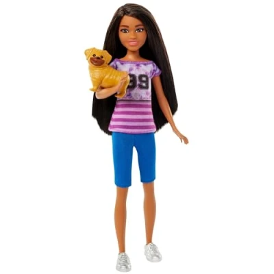 Imagen de Barbie Muñeca Morena Ligaya con Pantalones Vaqueros, Camiseta Morada y Perro Mascota, de la película Stacie al Rescate, Juguete +3 años (HRM06)