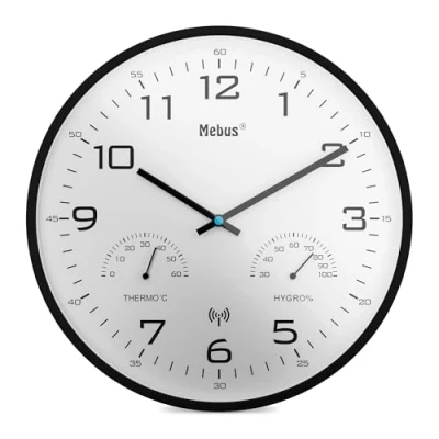 Imagen de Mebus Reloj de Pared Moderno con indicador Temperatura y Humedad, 30 cm, Radio Reloj, salón, Cocina, Modelo 52840, Color Negro