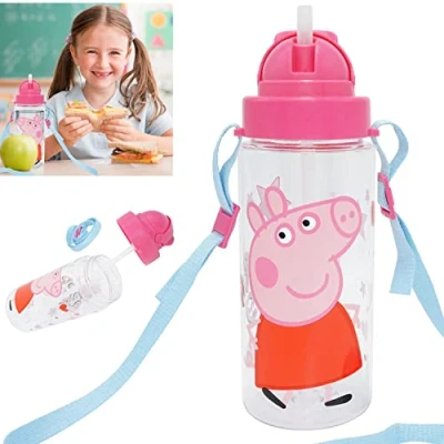 Imagen de HOVUK Peppa Pig Botella de agua para niños 500 ml, sin BPA, boca ancha y ligera, a prueba fugas, niñas 3 años