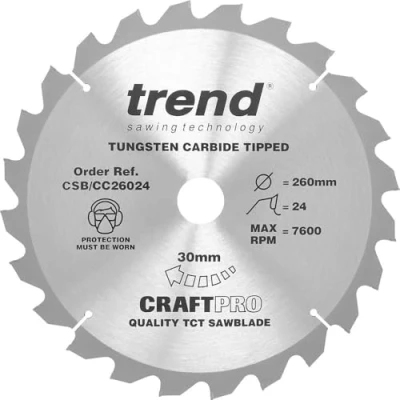 Imagen de Trend CSB/CC26024 Hoja de sierra ingletadora para madera, 260 mm diámetro, 30 24 dientes, TCT, corte 2,6 mm, gancho 5,