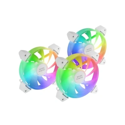Imagen de Mars Gaming MF 3A, Kit 3x Ventiladores FDB Ultrasilenciosos 120mm, Iluminación ARGB Rainbow 360º Sin Marco, Ventialdores 3en1 con Compatibilidad Total ARGB, Doble Conector Macho + Hembra, Blanco