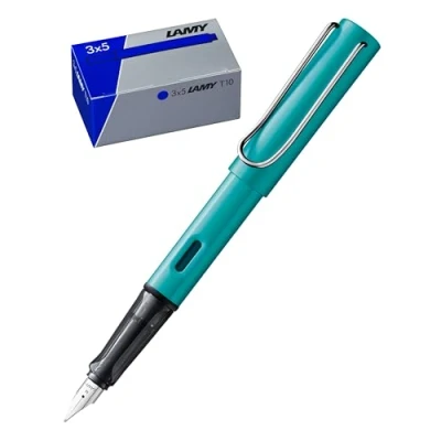 Imagen de Lamy AL star juego de plumas estilográficas aluminio en turmalina con mango ergonómico y plumín acero pulido, ancho trazo fino T10, 3 cartuchos tinta, cartón original, tinta azul
