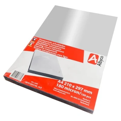 Imagen de Albyco Cubiertas transparentes brillantes, grosor 0,18 mm/180 micras, tamaño A4, 210 x 297 mm, de PVC