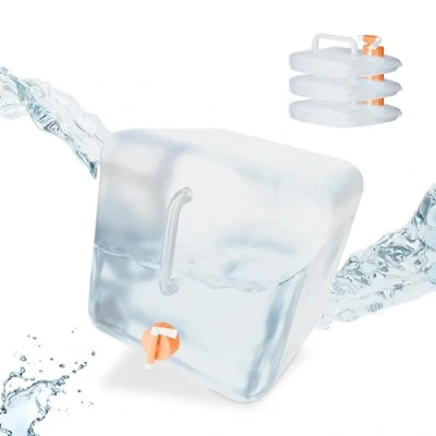 Imagen de Relaxdays Botes Pack 4 Bidones Plegables, Garrafas Agua Cuadradas, Grifo y Asa, de 20 litros, sin BPA, Transparente/Naranja, Gomaespuma