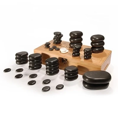 Imagen de Master Massage Juego de piedras calientes profesionales para masaje corporal con caja bambú, 50 unidades