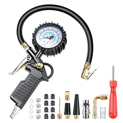 Imagen de VSSHE Manómetro Presión Neumáticos 220PSI Pistola de Inflado Compresor Digital Alta Precisión con 25 pcs Accesorios para Coche Moto Bicicleta Camión y Motocicleta