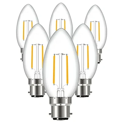 Imagen de SINCELIGHT Bombilla LED B22 de filamento retro, estilo vela, 3 W, 250 lm equivalente a 25 blanco cálido 2700 K, casquillo bayoneta BC, paquete 6