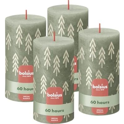 Imagen de Bolsius velas rústicas con diseño de silueta, verde impresión, 4 unidades, 13 x 7 cm, larga duración, domésticas, contiene cera vegetal natural, sin aceite palma