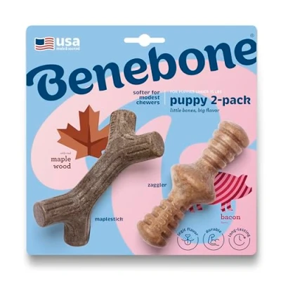 Imagen de Benebone Puppy Tiny Paquete de 2 Unidades indestructibles Maplestick/Zaggler para masticadores agresivos, rompedor aburrimiento dentición Larga duración Cachorros, Sabor Real