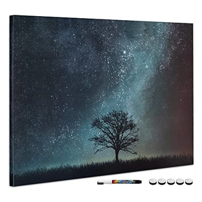 Imagen de Navaris Tablero de Notas magnético Pizarra con diseño árbol y Noche Estrellada magnética Marcador Negro 5 imanes 90 x 60 CM
