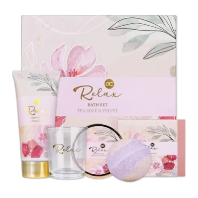 Imagen de Accentra Set de regalo RELAX para mujer 5 piezas baño con vela perfumada, jabón sólido, crema manos, manteca corporal y bomba bienestar mujeres chicas