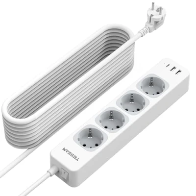 Imagen de TESSAN Regletas Enchufes con USB C y A, 7 en 1 Alargador 10 Metros, Ladron de 4 Tomas, Enchufe Interruptor, 3600W Toma Enchufe, Blanco Multiple