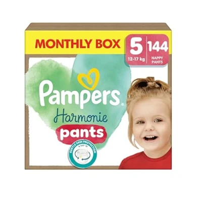 Imagen de Pampers Harmonie Pants Talla 5, 12 kg 17 kg, caja mensual (80 pañales de bragas), protección suave la piel e ingredientes a base plantas