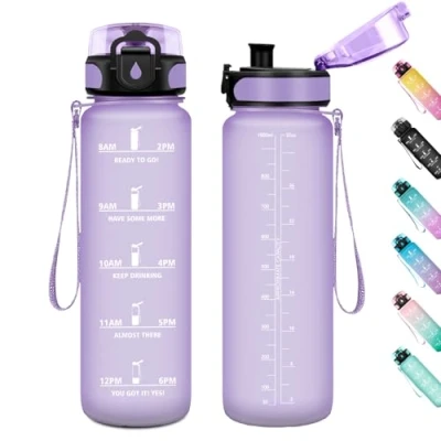 Imagen de Cantimplora Fitness 1L, Botella de Agua Prueba Fugas, con Marca Tiempo, Reutilizable, Antiderrame Deportiva, para Adulto, Gimnasio, Cámping