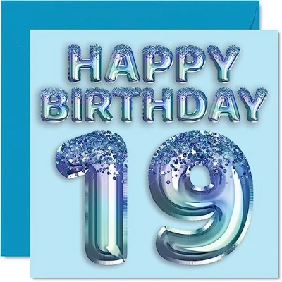 Imagen de Stuff4 Tarjeta de cumpleaños número 19 para hombres, globo fiesta con purpurina azul, tarjetas feliz hombre años, hermano, hijo, sobrino, tío, 145 mm x mm,