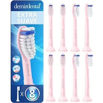 Imagen de Pack con 8 cabezales demirdental compatibles los recambios de Philips Sonicare, cepillos dureza extra suave, Rosa, corresponde a HX6058er
